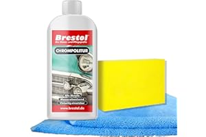 ‎BRESTOL Chrompolitur 250 ml - Chromreiniger & Chrompflege, Hochglanz für Chromflächen, pflegt blinde und angelaufene Stellen - Entfernt Korrosion, hartnäckige Ablagerungen, Fingerabdrücke und Verunreinigungen – 1x Schwamm & 1x Poliertuch