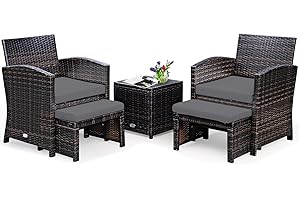 GIANTEX Juego de Muebles de Ratán para Exterior, Conjunto de Muebles 5 Piezas, 2 Sillones con Cojines, 2 Reposapiés y 1 Mesa de Café, Mesa con Espacio de Almacenamiento, para Terraza, Patio (Gris)