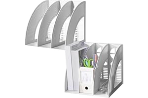 Elezeal Portadocumenti A4, organizer da scrivania, con scomparti, per libreria, divisori per documenti, fermalibri per ufficio, casa, organizzazione e archiviazione (grigio, confezione da 2, 3