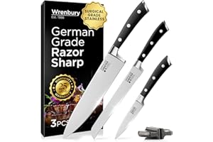 Wrenbury Sabatier Knife Set 3 Piece - Sharp Durable Kitchen Knives for Passionate Home Chefs - Includes 20cm Chef Knife and Parer - Dishwasher Safe
