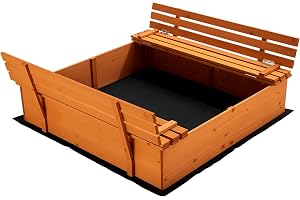Wiltec Sandlåda med lock och sittbänkar 98 x 98 x 21 cm låda i granträ 2 bänkar uteleksak för barn trädgård leksandlåda