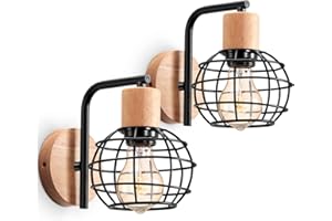 LIGKIN Lampada da Parete Vintage Industriale, 2 Pezzi Applique da Parete Interno in Legno Metallo Gabbia Design, E27 Retro Lampada a Muro, Applique Legno Illuminazione per Soggiorno, Bagno, Corridoio(Nero)