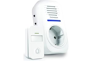 AVIDSEN THOMSON Kabellose Funk Türklingel, 150 m Reichweite, ohne Batterien, IP44 wetterfest, mit Namensschild und LED-Anzeige, 32 Klingeltöne, integrierter Steckdosenplatz