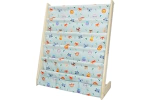 wooshwa Madera Libreria Infantil,Estanteria Libros Infantil con 5 Estanterías, Organizador de Juguetesde 3 Bolsillos con Mangas Profundas, 63 * 30 * 73cm (Animal Lindo)