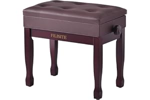 FILISITE Adjustable Height Piano Bench Stool PU Leather Cushion Wooden Keyboard Seat with Music Storage (Brown)