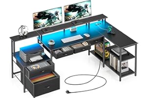 Seventable Schreibtisch L Form, Computertisch mit Steckdose, LED & Monitorständer, Reversibel Eckschreibtisch mit Schubladen, perfekt für Schlafzimmer Büro Wohnzimmer