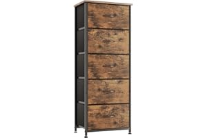 ‎CAIYUN Kommode mit 5 Schubladen, Schubladenschrank aus Stoff, Hoch Schmal Kommoden & Sideboard, Aufbewahrungsschrank für Schlafzimmer Wohnzimmer Flur Möbel aus Metallrahmen Holztop, Vintage Rustikales Braun