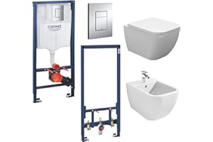 vanvilla Wand Hänge WC Tara Spülrandlos Toilette mit Soft-Close WC-Sitz Hänge Bidet mit Grohe Vorwandelement SET