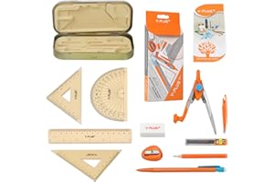 Nivofu Ensemble de Géométrie, 12 Pièces Kit de Géométrie Mathématique avec Boîte de Rangement Anti-Chute, Comprenant Règles, Compas, Rapporteur, Crayons, Taille-Crayon, Gomme pour Étudiants