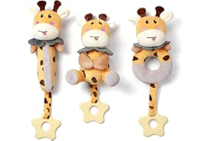 TUMAMA KIDS Giochi neonato 0-3-6 mesi, sonaglio neonato, giraffa peluche con massaggiagengive, regalo neonato maschio neonata, giochi sensoriali per neonati, 3 pezzi