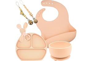SILICOMAN Vajilla Bebe Silicona Set Bebe 7 pcs - Plato Bebe Ventosa + 2 Cucharas Aprendizaje + 2 Chupetero Silicona + Cuenco + Babero Silicona - Libre BPA, BLW, Ventosas Extrafuertes (Naranja)