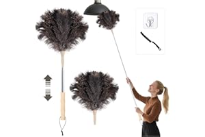 ‎LOVECO Staubwedel Straußenfedern, Staubwedel Teleskop Waschbar, Ausziehbar bis 125cm für Decken & empfindliche Oberflächen, kratzfreies Entstauben, Bambusgriff,Mit austauschbarem Federkopf, Haken, Rissbürste