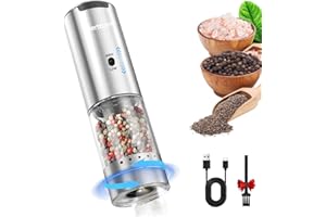 MERTTURM Elektryczny młynek do soli i pieprzu, młynek do soli i pieprzu do ponownego napełniania za pomocą 2 prędkości i 5 regulowanych poziomów mielenia, automatyczny młynek do pieprzu ze stali