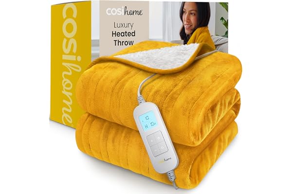 Cosi Home Elektrisk Värmefilt, elektrisk filt, Extra stor värmefilt, maskintvättbar fleece och sherpa med digital fjärrkontroll, timer och 10 värmeinställningar - Senap