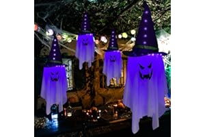 Jsdoin Halloween Decorations Hanging Ghost Lighted Flying Ghost Grim Reaper Skull Chains Glowing Ghost White Ghost Wizard Hat for Garden Yard Halloween Party Tree Door Lawn Party Supplies