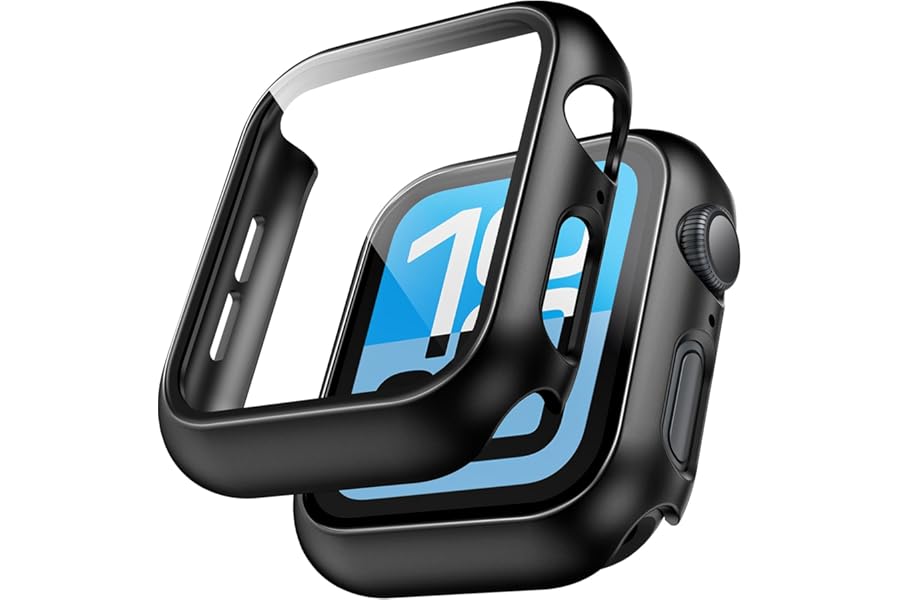 TAURI 2 Pack Hard Case for Apple Watch SE 3 /Series 6/5/4 /SE 44mm with 9H Tempered Glass Screen Protector, [Touch Sensitive] [Full Coverage] Slim Bumper Protective Cover for iWatch 44mm - Black