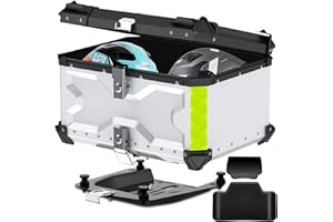 ‎LESANM Motorrad Topcase, 65L Topcase für Roller Wasserdicht Topcase Aluminium Motorrad Heckbox Reisen Motorradkoffer mit Sicherheitsschloss für 2 Motorradhelm Helm, Wasserdicht Motorrad Top Box (Silber)