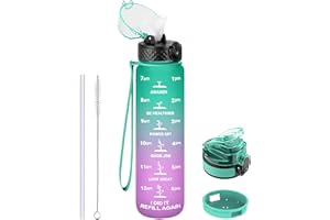 GOPPUS 1L/32oz Bouteille d'eau avec Paille Motivational Étanche Boissons Bouteille avec Marquages de l'heure Tritan Bouteille de Sport pour l'école de Gym Grande Sans BPA avec 2 Couvercles