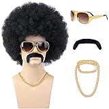morvally Parrucca Afro Nera Anni '70 per Uomo con Catena per Occhiali e Baffi Parrucca Riccia per Costume da Discoteca Anni '