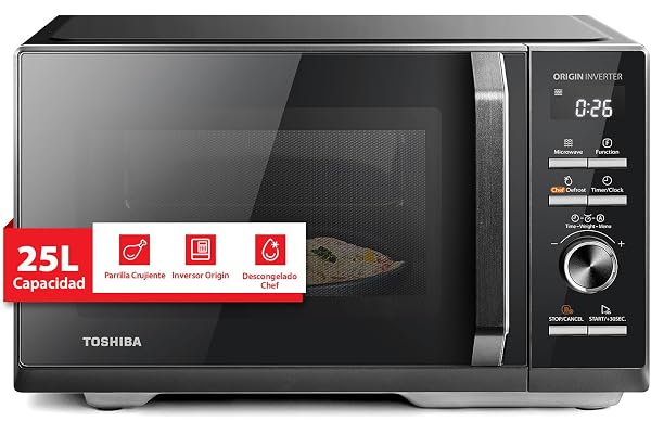 Toshiba Inverter Origin, MW3-AG25PFI(BK), kombinerad mikrovågsugn med grill 25 L 900 W, 3-i-1, 7 automatiska menyer, snabb tillagning, stor kapacitet, kock avfrostning