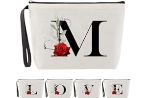 Blisswave Pochette Personalizzata dalla A alla Z, Regali per Donna, Mamme e Amica, Regali di Natale e Compleanno, Elegante e Carina Beauty Case da Viaggio con Iniziale Nome Motivo a Rosa (Beige)