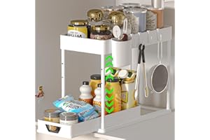 Unter Waschbecken Regal HI NINGER Herausziehbarer Schrank-Organizer unter dem Waschbecken, 2-stöckiger küche mit 4 Haken & 1 Hängebecher ，Anhebbares,Weiß