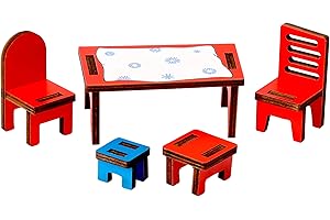 Pippi Langstrumpf Mobili da Cucina - Ufficiale Pippi Calze Lunghe Set di Accessori con Tavolo, Sedie e Sgabelli - Adatto per Casa delle Bambole Villa Kunterbunt - Design svedese - Dai 3 anni in su