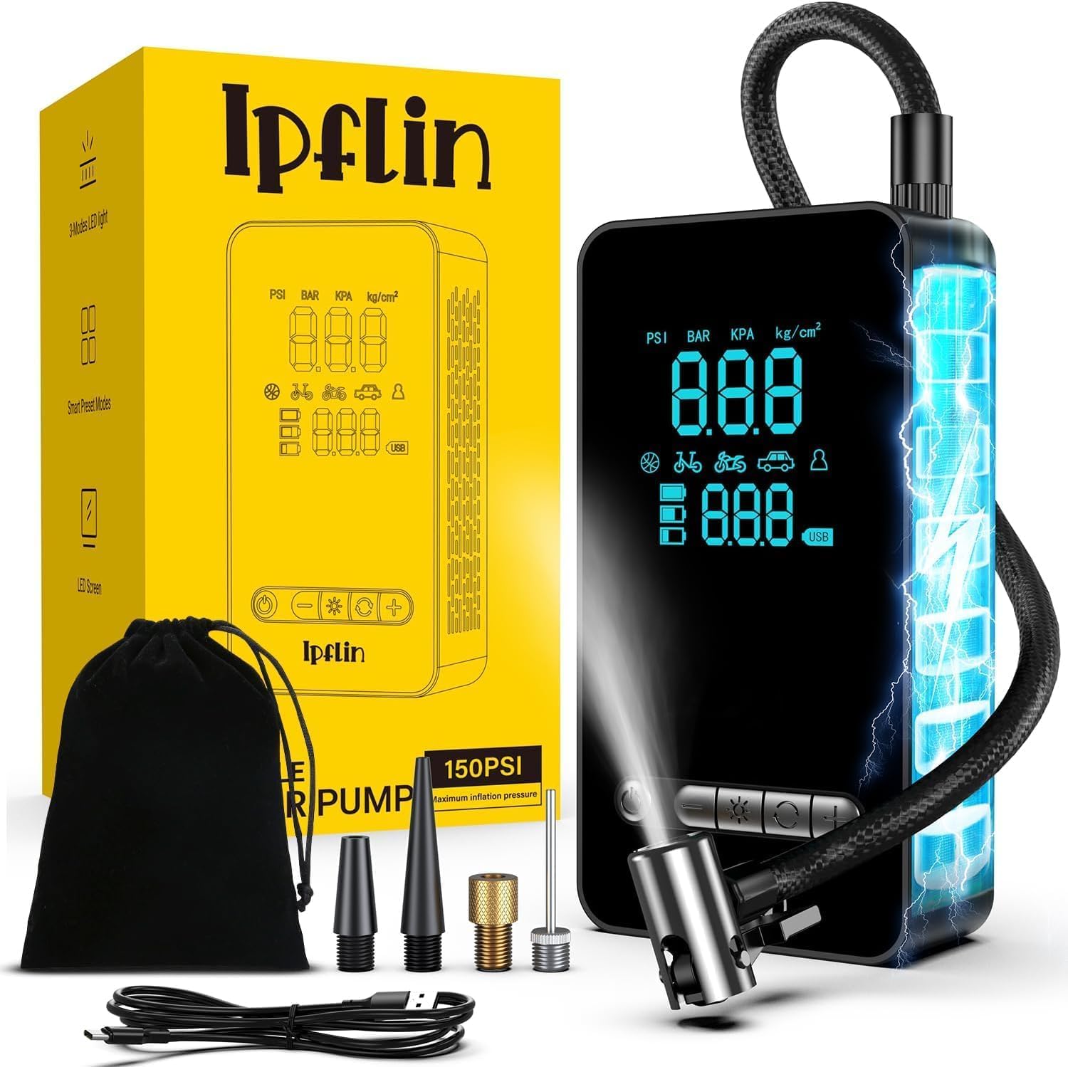 Ipflin Inflador Ruedas Coche - Compresor Aire Portatil 150PSI con Linterna y Batería Recargable - para Coches, Motos, Bicicletas | Manómetro Digital | SOS Emergencia y Carga USB para Viajes Familiares