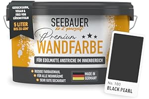 SEEBAUER diy Wandfarbe Schwarz 5L für Innen (No. 100 Black Pearl) Edelmatte tiefschwarze Innenfarbe - Schwarztöne sehr hohe Deckkraft - Matt, Abwaschbar und Tropffrei