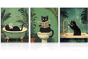 Dazzlewall 3pcs Divertente gatto bagno parete arte immagini, gatto nero vintage lavare le zampe leggendo giornale stampe d'arte per bagno toilette arredamento 20x25 cm senza cornice