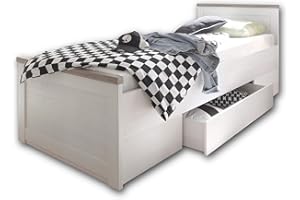 ‎STELLA TRADING Stella Trading Stilvolles Einzelbett 90 x 200 cm mit Bettkasten - Komfortables Landhausstil Jugendzimmer Bett in Pinie Weiß / Trüffel - 96 x 90 x 205 cm (B/H/T)