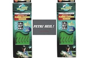 BLNTACKLE76 Set: 2-6 Packungen gebundene Forellenhaken (10-30 Stück) an Fluoro-Carbon Schnur Vorfach, Hakengröße 4, 6 & 8 von Behr + gratis Petri Heill! Aufkleber