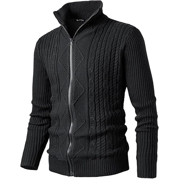 Herothorn Gebreide trui voor heren, lange mouwen, opstaande kraag, gebreid, met kabelsteek ritssluiting, fleece jas, gebreide sweater, M