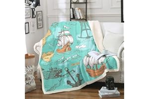 LOUSSIESD Koce i narzuty z motywem morskim dla dzieci chłopców dziewcząt żaglówki kotwica nadruk koce polarowe fala ocean koc przygoda morska narzuta koc na kanapę łóżko sofę szerpa koc pojedynczy 127 x 152 cm