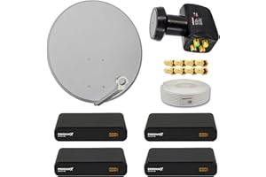 Premium X Satelliten-Komplettanlage 4 Teilnehmer 60cm Antenne Hellgrau Quad LNB 50m Kabel 4x HD TV SAT-Receiver HDMI-Kabel