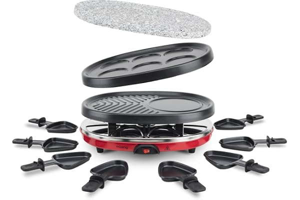 H.Koenig Appareil à raclette Multifonction 8 personnes Professionnel RP412, Pierre naturelle, 6 mini crêpes pancakes, Grill, Raclette fromage fondue, 8 poêlons antiadhésifs