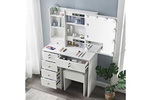 TOPHEHAN Dressing Table with LED Lights, Vanity Table with Adjustable Brightness Mirror, Makeup Desk with Drawers and Open shelves for Bedroom,Modern (H1905)