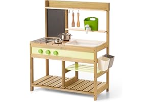 Giant bean Cucina da Gioco per Bambini, Set Deluxe in Legno per Cucina Giocattolo per Bambini e Bambine 3-8 Anni, Attività Indoor & Outdoor, con Lavello ad Acqua, Pentole e Accessori da Cucina