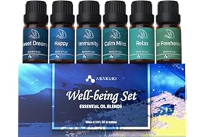 ASAKUKI Essential Oil Blends Gift Set | 6x10ml Well-Being Oils for Diffusers, Relaxation & Sleep | Calm Mind, Sweet Dreams, Happy, Relax, Air Freshening & Immunity | Aromatherapy Kit for Home Use