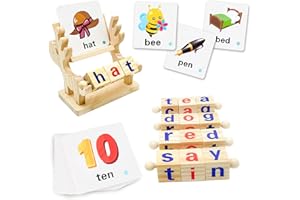 BALOBOO Wooden Reading Blocks Short Vowel Rods Spelling Games, Flash Cards Turning Rotating Letter Puzzle for kids, Sight Words Montessori Spinning Alphabet Learning Toy for Preschool Boys Girls