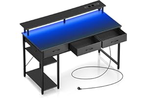 ‎ROLANSTAR Rolanstar Desk with Drawers, Computer Desk with Sockets & LED, Gaming Table with Monitor Stand, Shelf & 2 Hooks, Gaming Desk for Office, Living Room (Black, 120 x 47 x 90.5 cm)