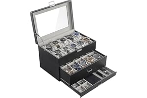 ProCase Organizadora para Relojes para Hombre, 20 Ranuras Caja Organizadora de Joyería de 3 Capas con Cajón Estuche de Almacenaje con Tapa de Cristal Vitrina Expositor -Negro