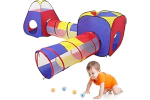 Zosenyer Tunnel Enfant, 4 en 1 Pop Up Tente et Piscine a Balle pour Pliable, Jeux Exterieur et Intérieur Enfant Garçons Filles d'anniversaire Cadeaux de 1 à 7 Ans Rouge