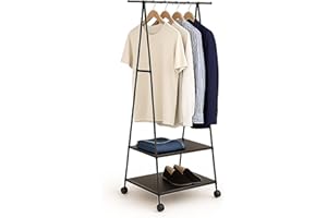 Relaxdays clothes rack, with wheels & 2 shelves, HxWxD: 160 x 55 x 42 cm, metal, fabric, garment rack, black