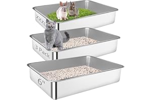 Bartuke Lettiera per gatti in acciaio inox, confezione da 3, 70 x 50 x 15 cm, con bordi alti in metallo, extra large, a tenuta stagna, antiaderente e inodore