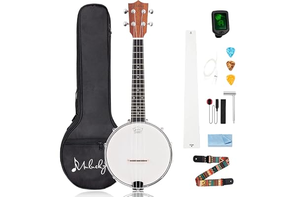 Mulucky Banjolele BU806 - Ukulélé banjo à 4 cordes - Taille de concert - 58,9 cm - Dos en bois massif fermé - Kit débutant avec barre de serrage, housse de transport, accordeur, sangle à cordes