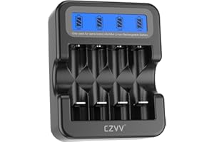 czvv Caricatore di Batterie Ricaricabili Litio 1,5V, Caricabatterie LCD 4-Slots per Pile AA AAA,Funzione di Ricarica Rapida, Ingresso di Tipo C, Ricarica rapida 2H, Protezione da Sovraccarico (Bianco)