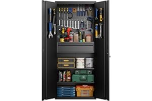 Aobabo Metal Storage Cabinet with 5 Pegboards and 1 Drawer,180 * 76 * 38CM Lockable Steel Tool Cabinet for Garage,Warehouse,Assembly Required,Black