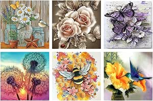 LWZAYS 6 Pack Diamond Painting Kits for Adults, Flower Animal 5D