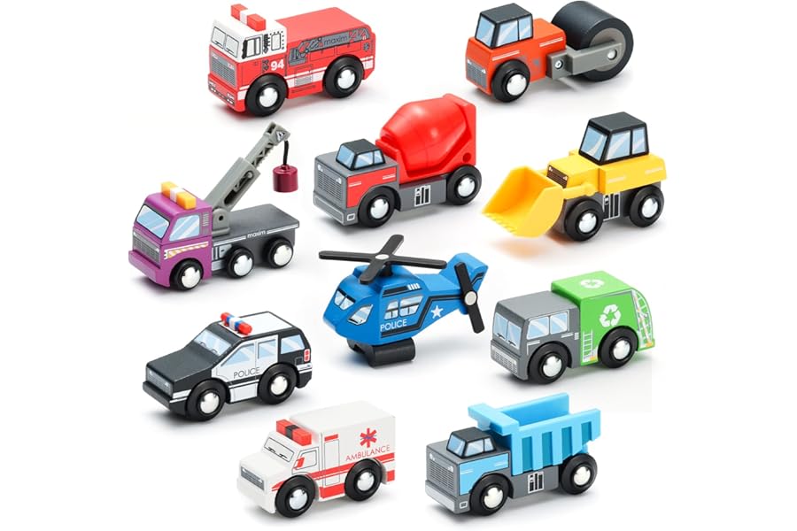 SainSmart Jr. Wooden Vehicles Set (10 Pieces), Toy Cars with Police, Fire Engine, Ambulance & Construction Vehicles, Compatible with Wooden Train Sets, Gift for Kids Age 3+